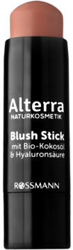 Alterra Blush Stick, brzoskwiniowo-różowy róż w czarnym sztyfcie z olejem kokosowym i kwasem hialuronowym, widok z przodu.