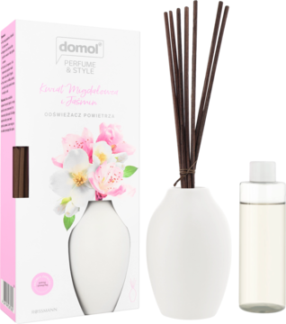 Domol Perfume & Style patyczki zapachowe Kwiat Migdałowy Jaśmin: biały dyfuzor z patyczkami, płyn, pudełko.