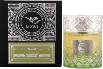 Paris Corner MAWJ Appletini Eau de Parfum: czarne pudełko ze srebrnym logo i butelka z zielono-żółtym płynem.