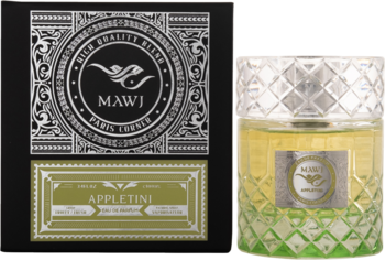 Paris Corner Mawj Appletini EDP: czarne pudełko ze srebrnymi detalami i szklana butelka z gradientem zielono-żółtego płynu.