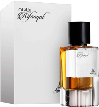 Rifaaqat, eleganckie perfumy unisex o zapachu wanilii i zamszu. Bursztynowa butelka obok białego pudełka.