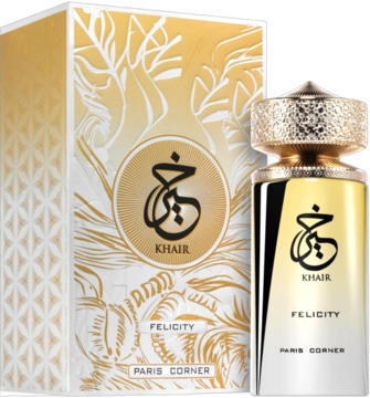 Paris Corner Khair Felicity EDP, złoto-biała butelka i pudełko z arabską kaligrafią, widok z przodu pod kątem.