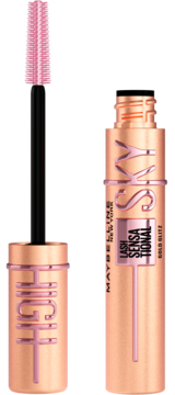 Maybelline Lash Sensational Sky High mascara Gold Blitz, otwarta, z różową szczoteczką obok rose gold tuby.