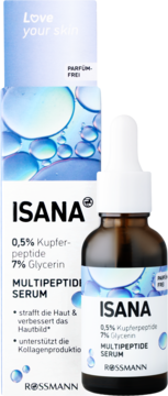 ISANA Multi-Peptide Serum, 0.5% peptydów miedzi, 7% gliceryny, butelka z pipetą, bez zapachu, na tle bąbelków.