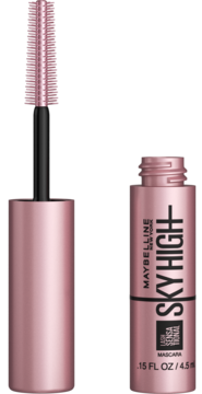 Maybelline Sky High wydłużający tusz do rzęs, różowo-złota butelka z wyjętą szczoteczką Flex Tower.