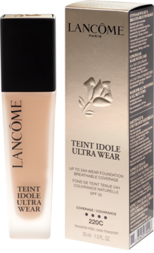 Trwały podkład Lancôme Teint Idole Ultra Wear 220C w szklanej butelce i złotym kartoniku, z przodu.