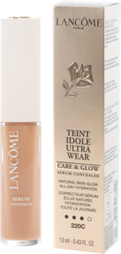 Lancôme Teint Idole Ultra Wear Care & Glow Serum Concealer 220C, beżowy korektor w butelce i złotej.
