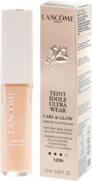 Korektor serum Lancôme Teint Idole Ultra Wear 120N w beżowej butelce, biała zakrętka, obok złote pudełko, widok z przodu.