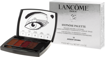 Lancôme Hypnôse Palette 10 Argent Drama z 5 cieniami brązu, otwarta z instrukcją makijażu, obok białe pudełko.