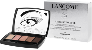 Lancôme Hypnôse Palette 5 cieni French Nude, otwarta z instrukcją na wieczku, obok pudełko produktu.