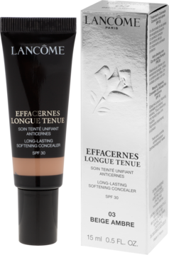 Długotrwały korektor Lancôme Effacernes Longue Tenue SPF30 03 Beige Ambre, tubka i pudełko z przodu.