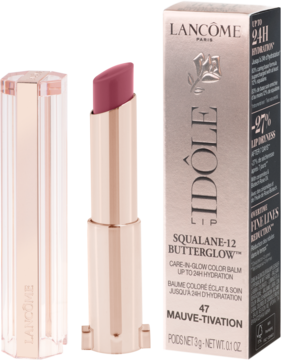 Lancôme Idôle Butterglow, pomadka Mauve Tivation otwarta, z różowo-złotą obudową obok jej kartonika.