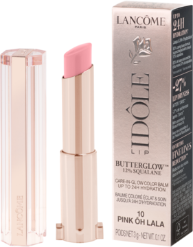 Otwarta różowa pomadka Lancôme Idôle Lip Butterglow, odcień 10 Pink Oh Lala, obok złotego opakowania.