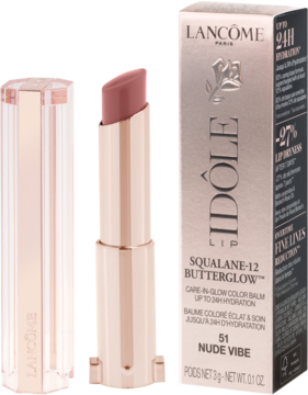 Otwarta nawilżająca pomadka Lancôme Idôle Squalane-12 Butterglow Nude Vibe obok opakowania.