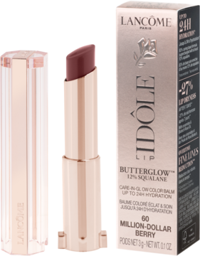 Lancôme Idôle Butterglow, nawilżająca pomadka Million-Dollar Berry, otwarta, obok różowo-złotego pudełka z nazwą.