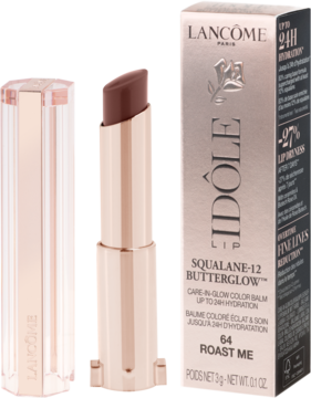 Otwarta nawilżająca pomadka Lancôme Idôle Butterglow Roast Me w rose gold tubce obok dopasowanego pudełka.