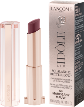 Otwarta pomadka Lancôme Idôle Squalane-12 Butterglow w odcieniu Mahogany Mauve i jej różowe opakowanie.