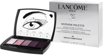 Lancôme Hypnôse Palette: otwarta, 5 fioletowo-różowych cieni, schemat makijażu oka na wieczku, obok srebrne pudełko.