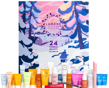 LUMENE Nordic Beauty Secrets ,kalendarz adwentowy z kosmetykami do twarzy, włosów i makijażu, 24 elementy,kompozycja-2