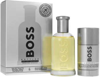 Zestaw BOSS Bottled: srebrne pudełko, flakon żółtej wody toaletowej i dezodorant w sztyfcie, widok z przodu.
