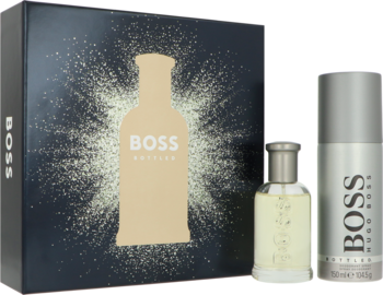 Zestaw Hugo Boss Boss Bottled: czarne pudełko z brokatem, EDT 100ml i dezodorant 75ml. Widok frontalny.