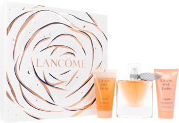 Zestaw Lancôme La Vie Est Belle: białe pudełko z motywem złotej róży, flakon perfum i dwa balsamy, widok z przodu.