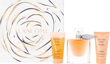 Zestaw Lancôme La Vie Est Belle dla kobiet: biało-złote pudełko, flakon wody perfumowanej, żel i balsam do ciała.
