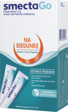 Białe pudełko SmectaGo, diosmektyt 3g, na biegunkę, smak karmelowo-kakaowy, z dwoma widocznymi saszetkami.