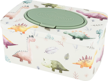 Pojemnik na chusteczki w dinozaury, jasne tło z pastelowymi wzorami i zieloną pokrywką, widok z góry pod kątem.