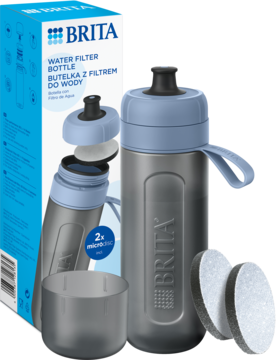 BRITA Active, szara butelka filtrująca 0,6L z niebieskimi akcentami, widoczna z pudełkiem i dwoma filtrami MicroDisc.