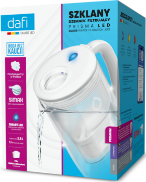 Opakowanie Dafi Szklany Dzbanek Filtrujący Prisma LED, biało-niebieskie, z grafiką dzbanka nalewającego wodę.