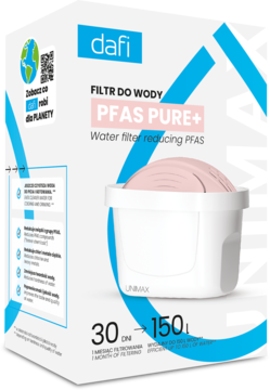 Karton filtra Dafi Unimax PFAS Pure+ do redukcji PFAS, biało-niebieski, z białym wkładem o różowym środku.