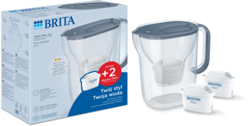 Dzbanek filtrujący BRITA Style Essential, przezroczysty, szara pokrywka, z 2 wkładami Maxtra Pro Pure Performance.