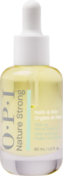 OPI Nature Strong olejek do skórek i paznokci "Glow Up" w szklanej butelce z białą pipetą, widok z przodu.