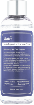 Klairs Supple Preparation Unscented Toner w przezroczystej butelce z fioletową etykietą, widok z przodu, 180 ml.