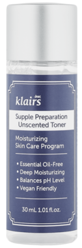 Klairs Supple Preparation Unscented Toner 30ml, przezroczysta butelka z niebieską etykietą, widok z przodu.