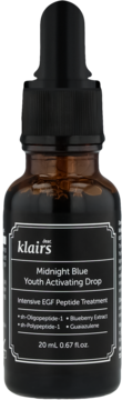 Klairs Midnight Blue Youth Activating Drop, serum EGF Peptide w ciemnej butelce z kroplomierzem, widok z przodu.