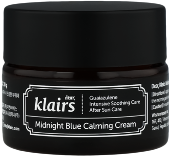 Klairs Midnight Blue Calming Cream, ciemny słoik z białą etykietą, widok z przodu, krem kojący z gwajazulenem.
