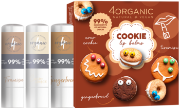 Zestaw 3 naturalnych balsamów do ust 4Organic Cookie (Coco, Gingerbread, Tiramisu). Białe tubki, grafika ciastek.