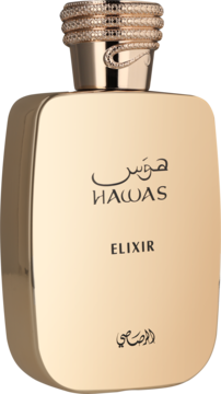 Perfumy Hawas Elixir w złotej, prostokątnej butelce z ozdobną, miedzianą zakrętką w biżuteryjny wzór, z przodu.