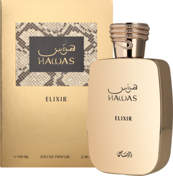 Woda perfumowana Rasasi Hawas Elixir, beżowa butelka z ozdobnym korkiem obok pudełka w wężowy wzór.