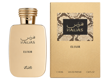 Złota butelka i beżowe pudełko perfum Rasasi Hawas Elixir EDP unisex. Widok pod kątem, z wężowym wzorem na pudełku.