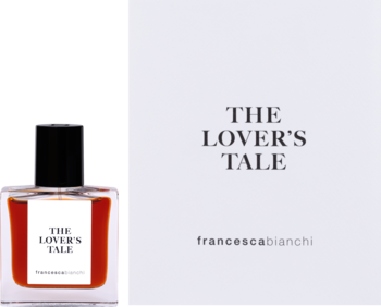 Ekstrakt perfum Francesca Bianchi The Lover’s Tale w bursztynowej butelce i białym pudełku z napisem.