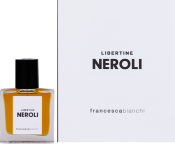 Francesca Bianchi Libertine Neroli ekstrakt perfum w bursztynowym flakonie i białym pudełku, widok z przodu.