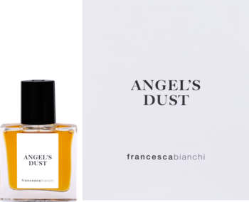 Flakon perfum Angel’s Dust Franceski Bianchi, bursztynowy, z czarną nakrętką i białym pudełkiem z szarym tekstem.