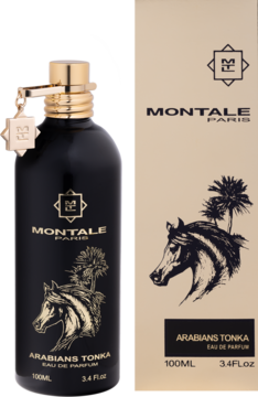 Montale Arabians Tonka EDP, czarna butelka ze złotym koniem i beżowe pudełko z grafiką, widoczne obok siebie.