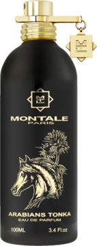 Montale Arabians Tonka EDP 100ml, czarny matowy flakon ze złotym korkiem i grafiką konia, widok z przodu.