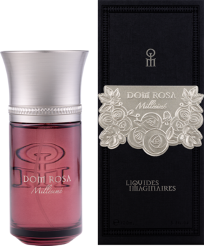 Liquides Imaginaires Dom Rosa Millésimé, woda perfumowana: różowa butelka ze srebrnym korkiem, obok czarne pudełko.