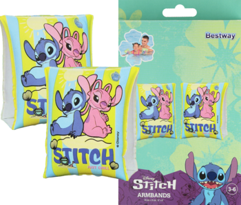 Żółte opaski pływackie dla dzieci Disney Stitch z postaciami Stitcha i Angel, widoczne opakowanie Bestway.
