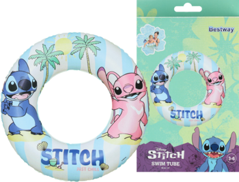 Kółko do pływania Bestway Disney Stitch z postaciami Stitcha i Angel, widok z przodu obok zielonego opakowania.